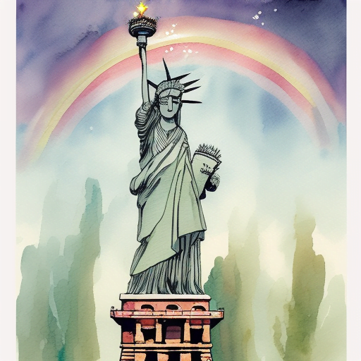 Statue of Liberty stands beneath a rainbow